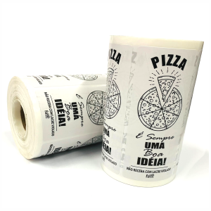 LACRE DELIVERY PIZZA Couchê 90g Rolo com 400unds - 9x4cm 1x0 Cores Couche Natural Brilho Corte Especial com Faca serrilha 